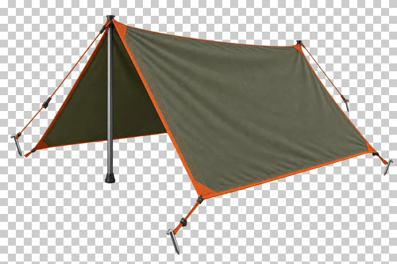 An olive tarp shelter with rust edging, held by two complete poles with short guy lines.