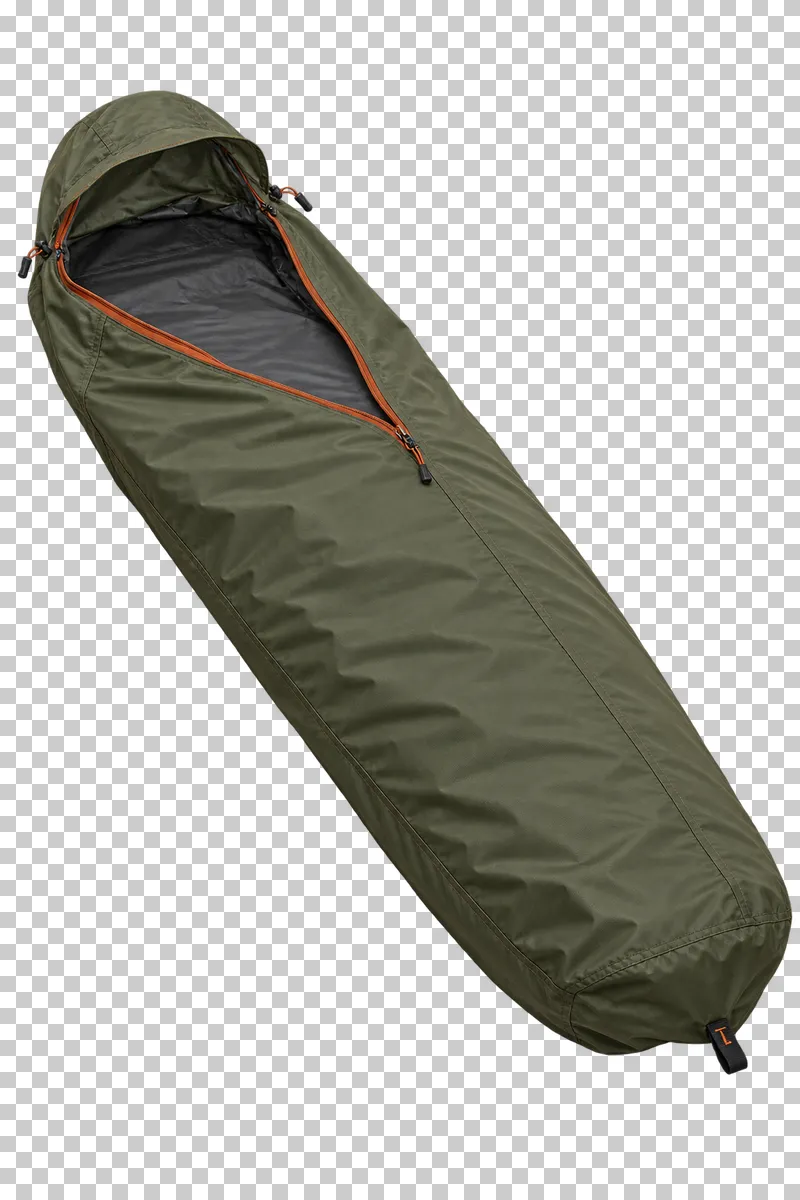 An olive bivy sack with a structured open head section and rust zipper trim.