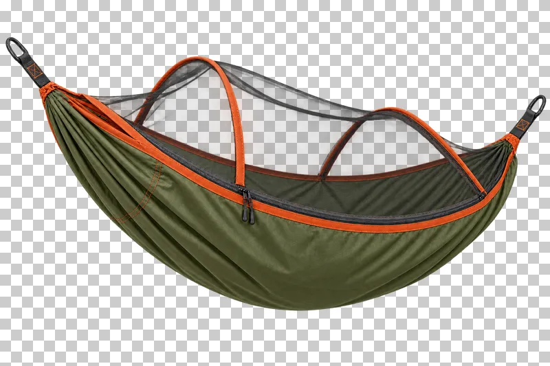 An olive gathered-end camping hammock with a translucent dark mosquito net, rust binding and short suspension straps.