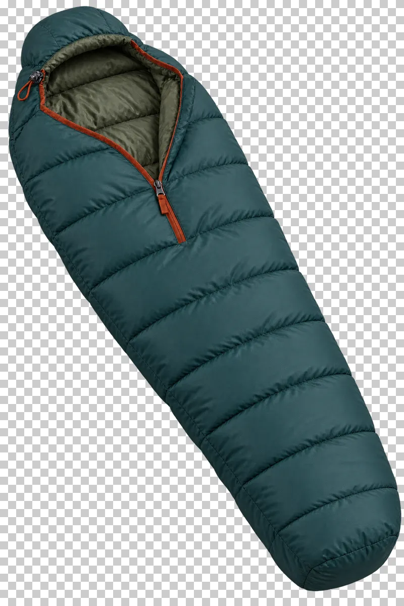 A full deep teal mummy sleeping bag with olive lining and a rust zipper.