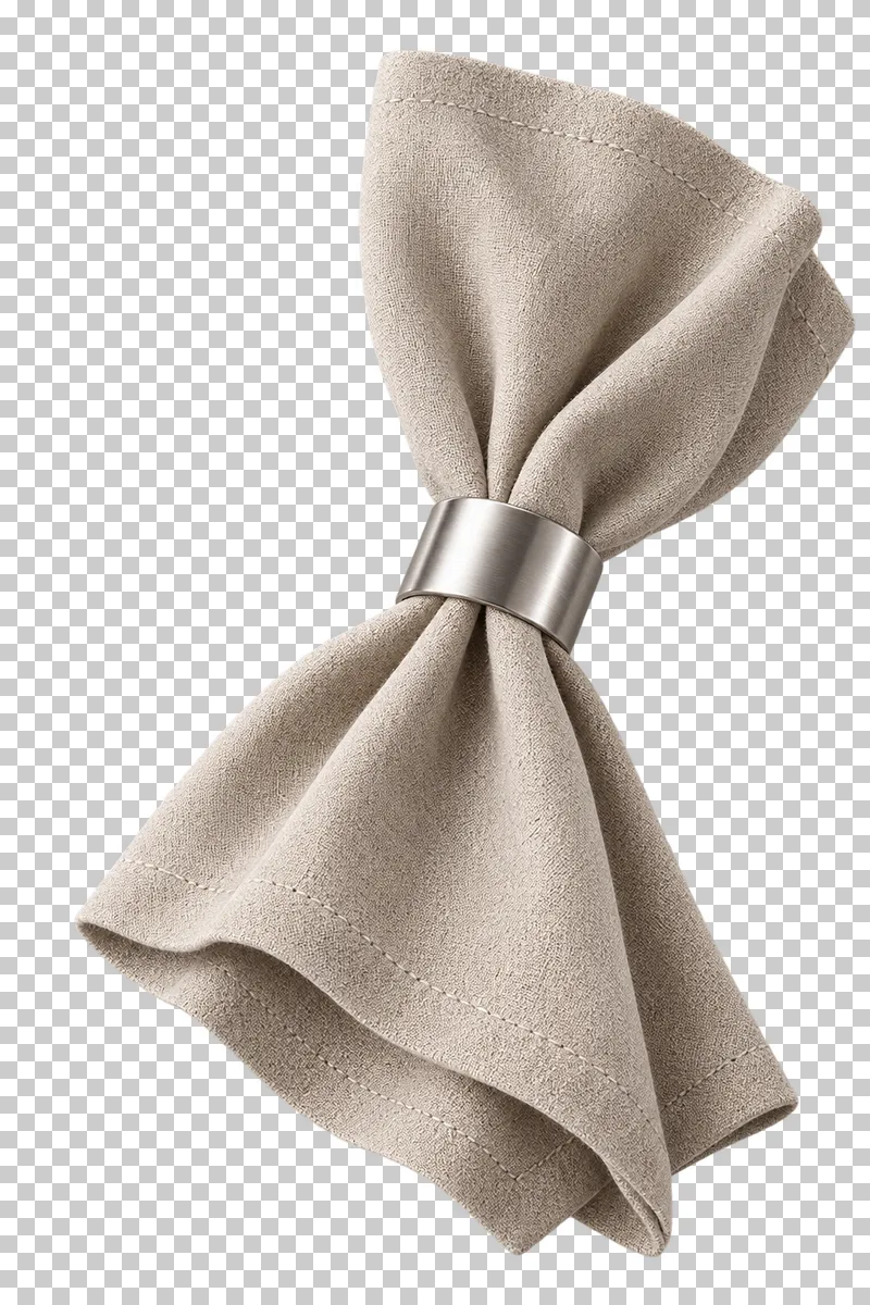 An oatmeal linen napkin gathered through a plain brushed-steel napkin ring.