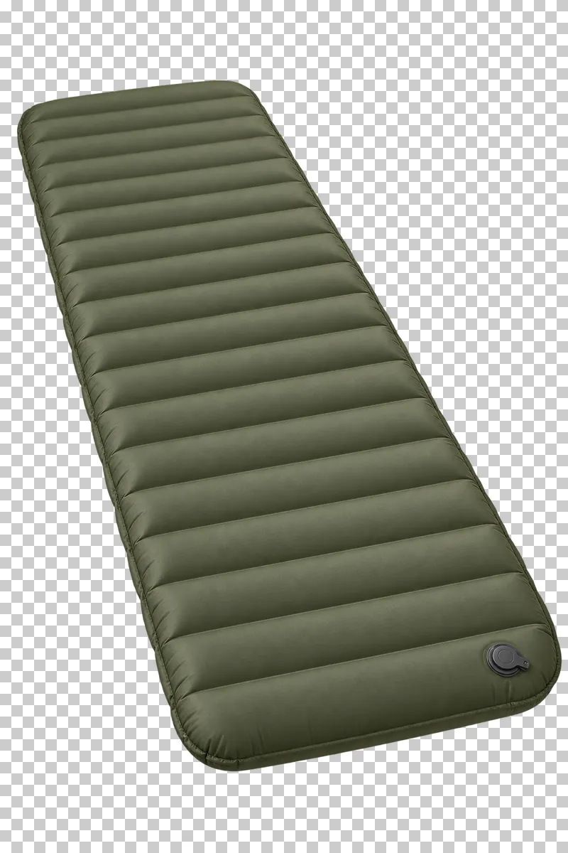 An olive inflatable sleeping pad with raised air baffles and a valve.