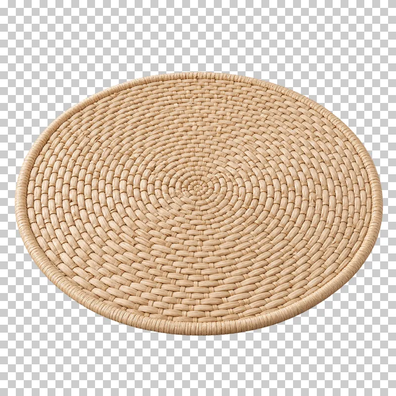 A round natural woven placemat with concentric fibers and a finished bound edge.