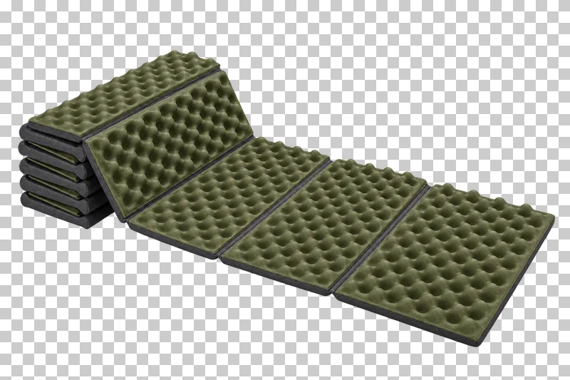A partly unfolded accordion foam sleeping pad with a textured olive surface.