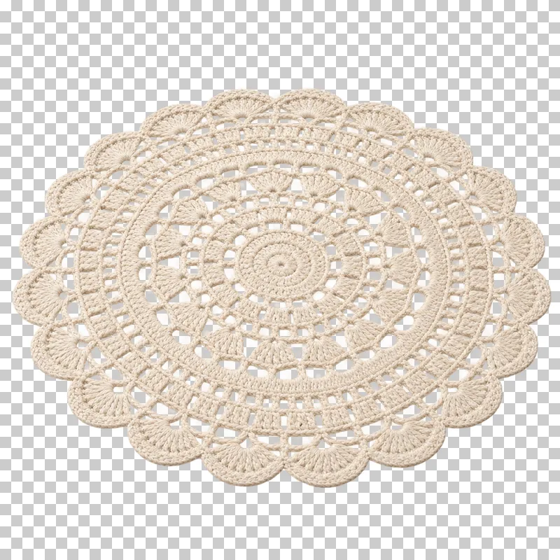 A round ivory crocheted placemat with radial openwork and a scalloped edge.