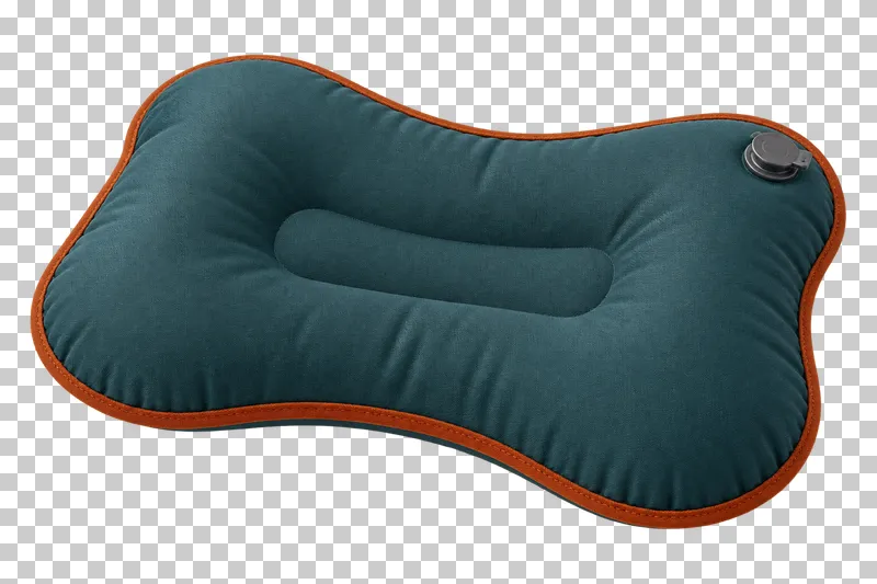 A contoured deep teal inflatable camping pillow with a small air valve.