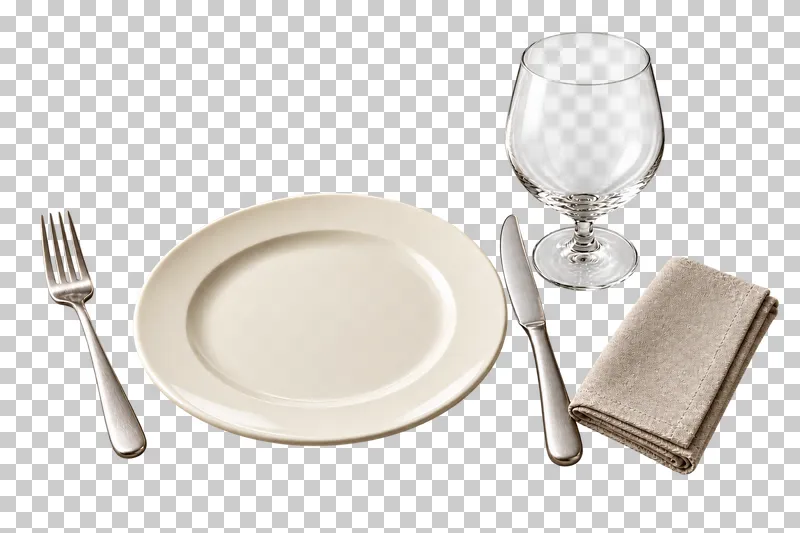 An everyday place setting with an ivory plate, fork, knife, short-stem water goblet and folded linen napkin.