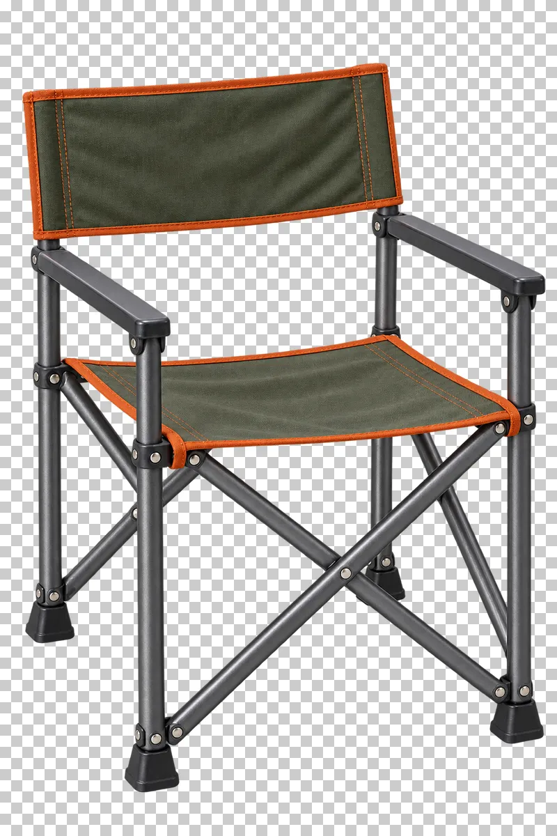 An olive folding camp chair with rust fabric binding, graphite arms and four complete feet.