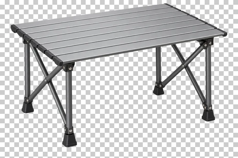 A slatted aluminum roll-top camping table on four folding legs.