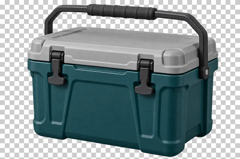 A closed deep teal hard cooler with a light gray lid, graphite latches and a carry handle.