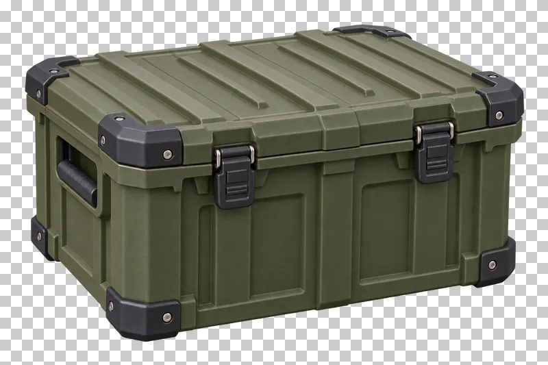 A rugged olive camping storage box with a fitted lid and dark latches.