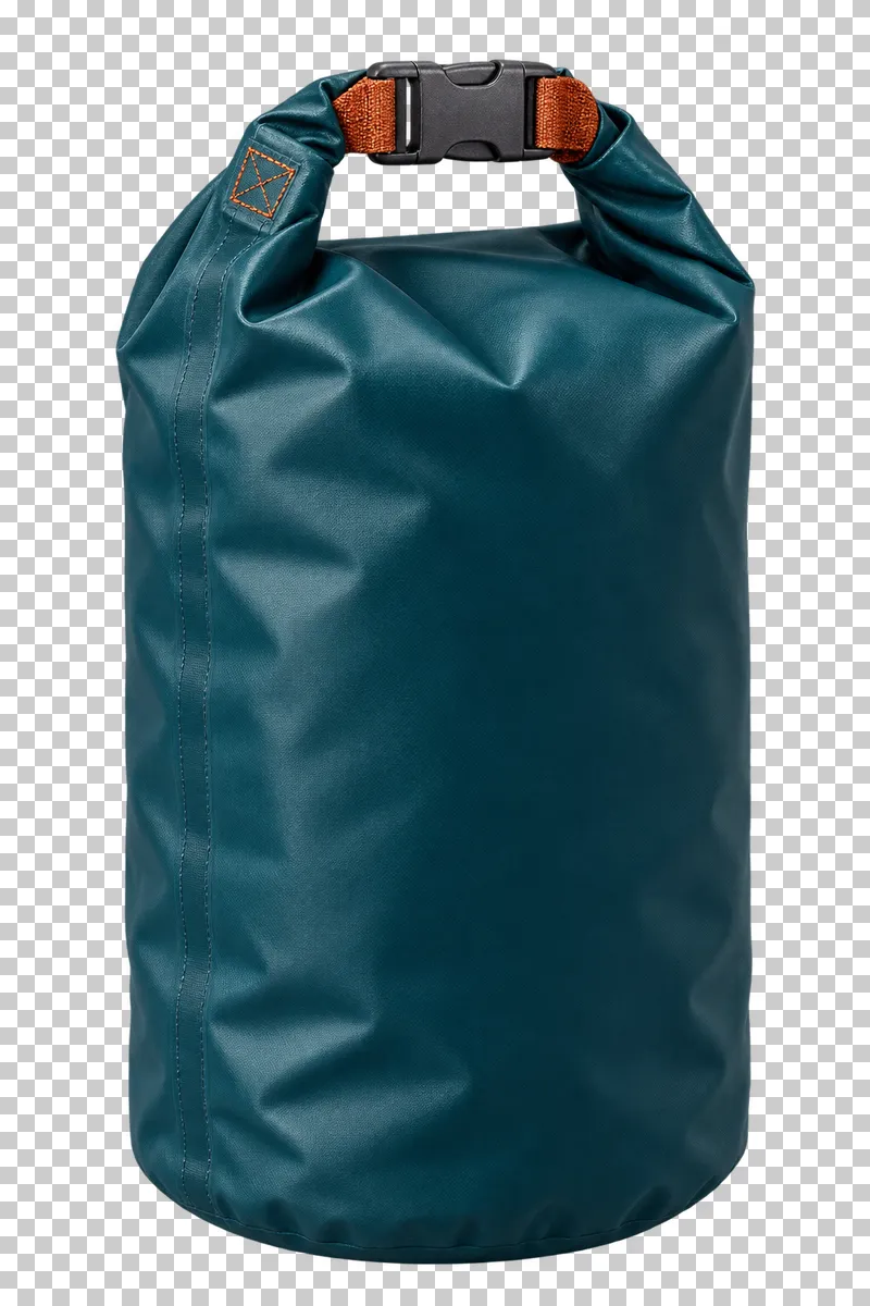 A deep teal waterproof dry bag with a closed roll top and carry loop.