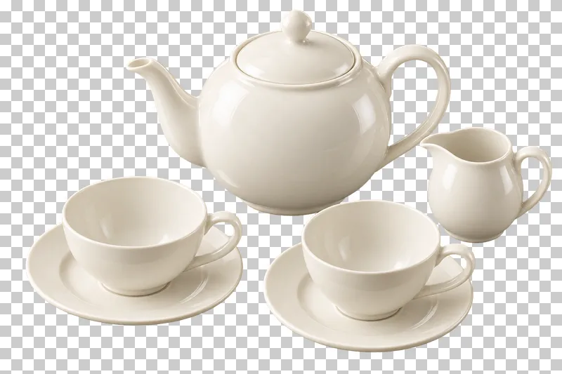 A porcelain tea service with a lidded teapot, cream jug and two empty cups on matching saucers.