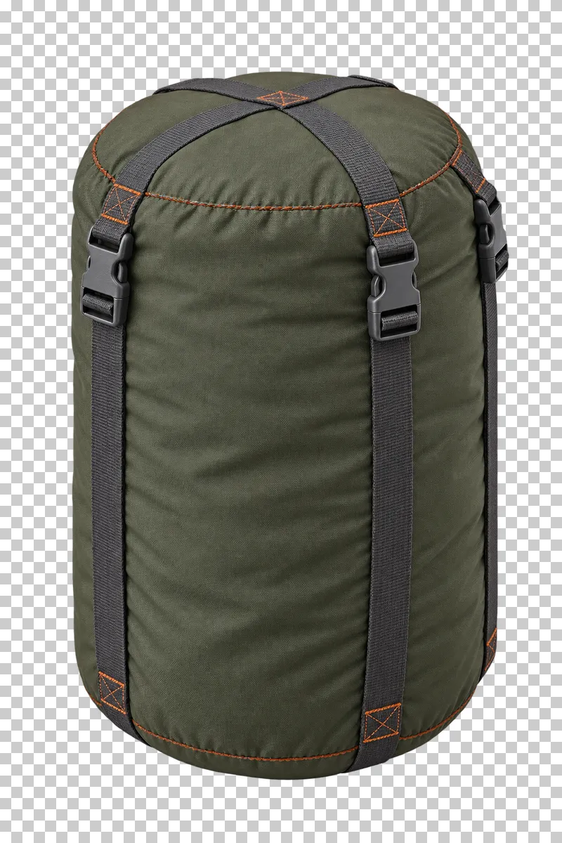 An olive compression stuff sack with dark straps and buckles.