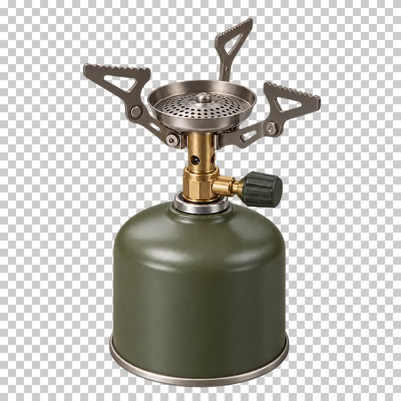 A stainless backpacking stove with three pot supports, a brass valve and an olive fuel canister.