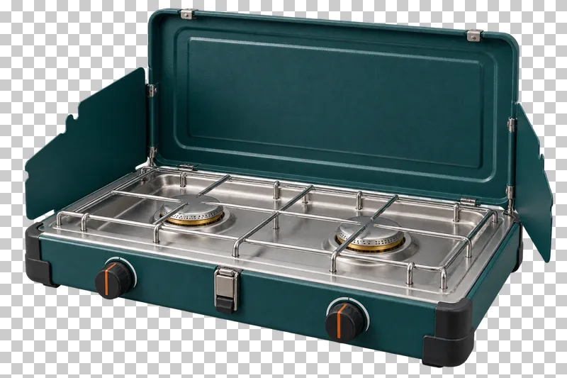 An open deep teal two-burner camp stove with metal grates and side wind guards.