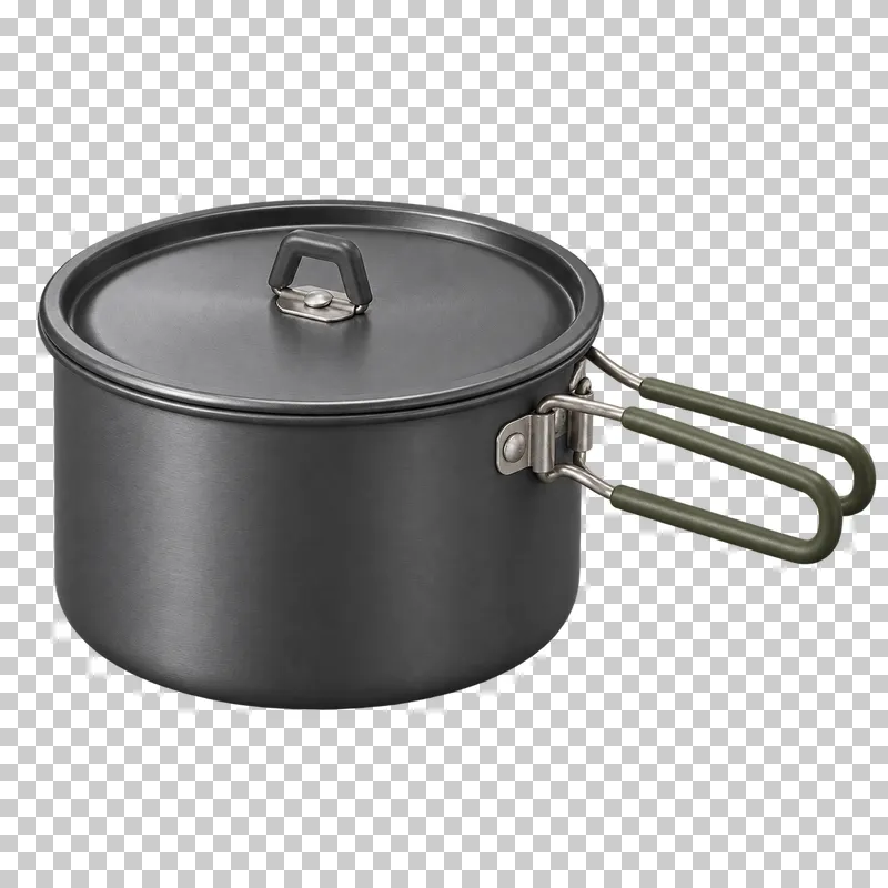 A graphite camp cooking pot with a fitted lid and olive folding wire handles.