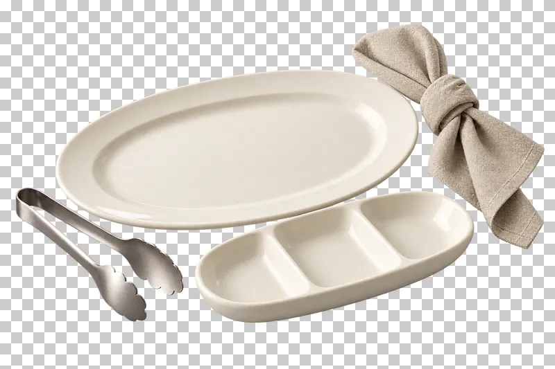 An appetizer-service arrangement with an empty oval platter, three-section tray, serving tongs and knotted napkin.
