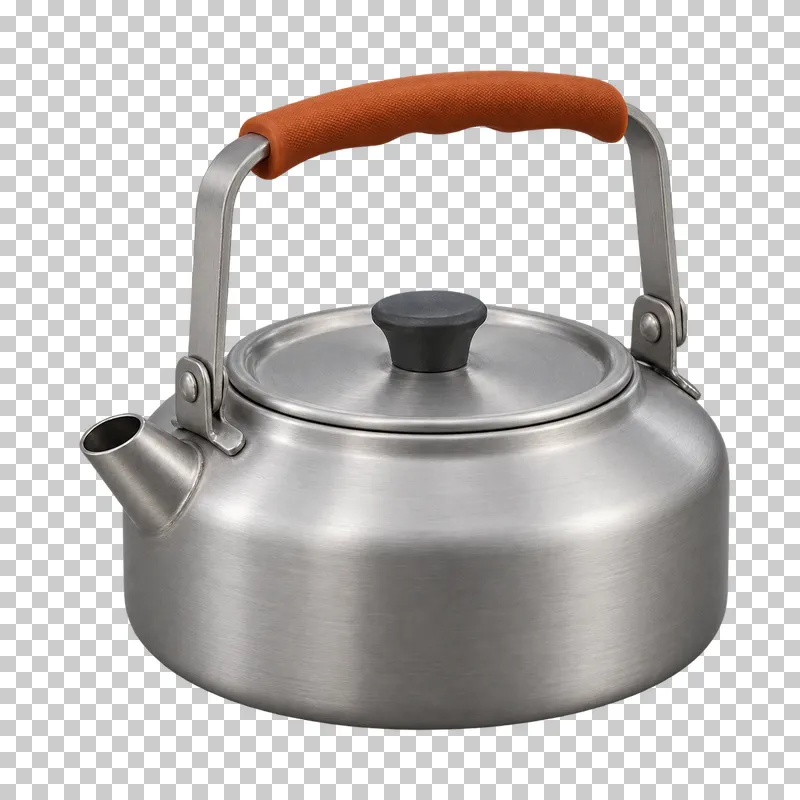 A compact aluminum camp kettle with a short spout and rust folding handle grip.