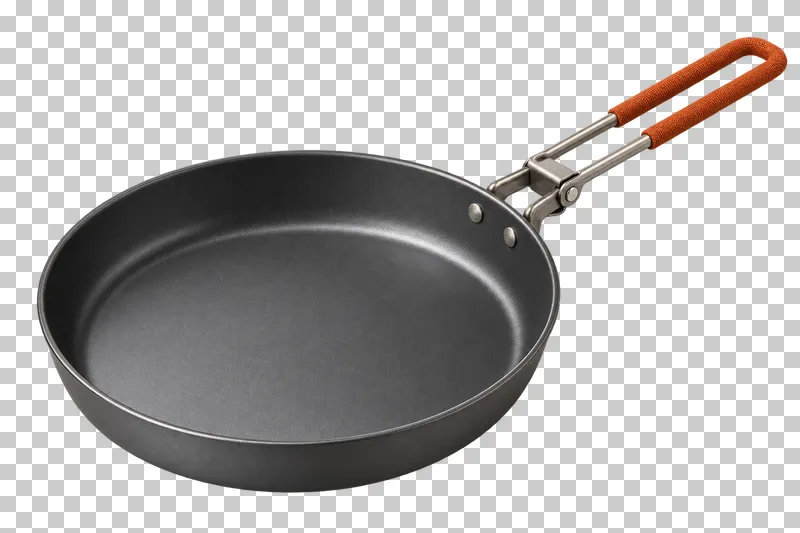 A graphite camping frying pan with a long folding handle and rust grip.