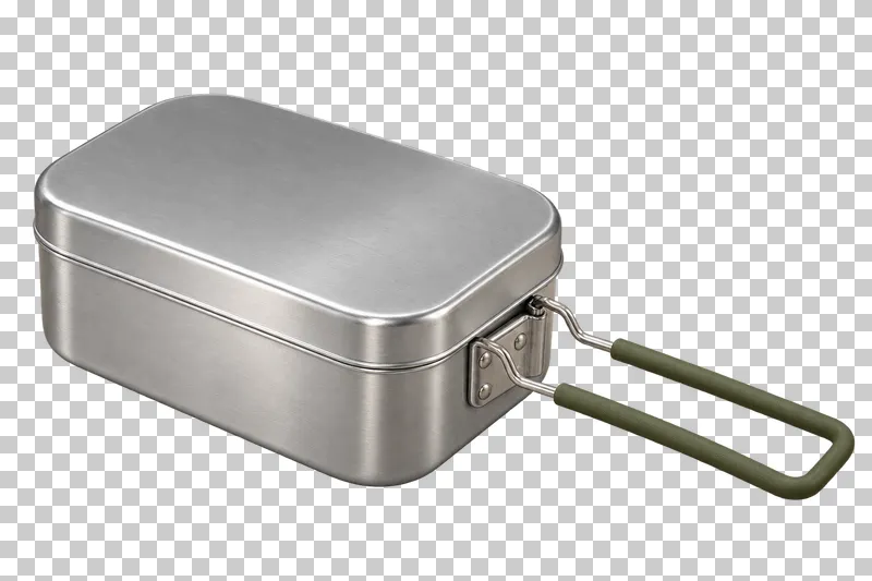 A closed rectangular aluminum mess tin with an olive folding wire handle.