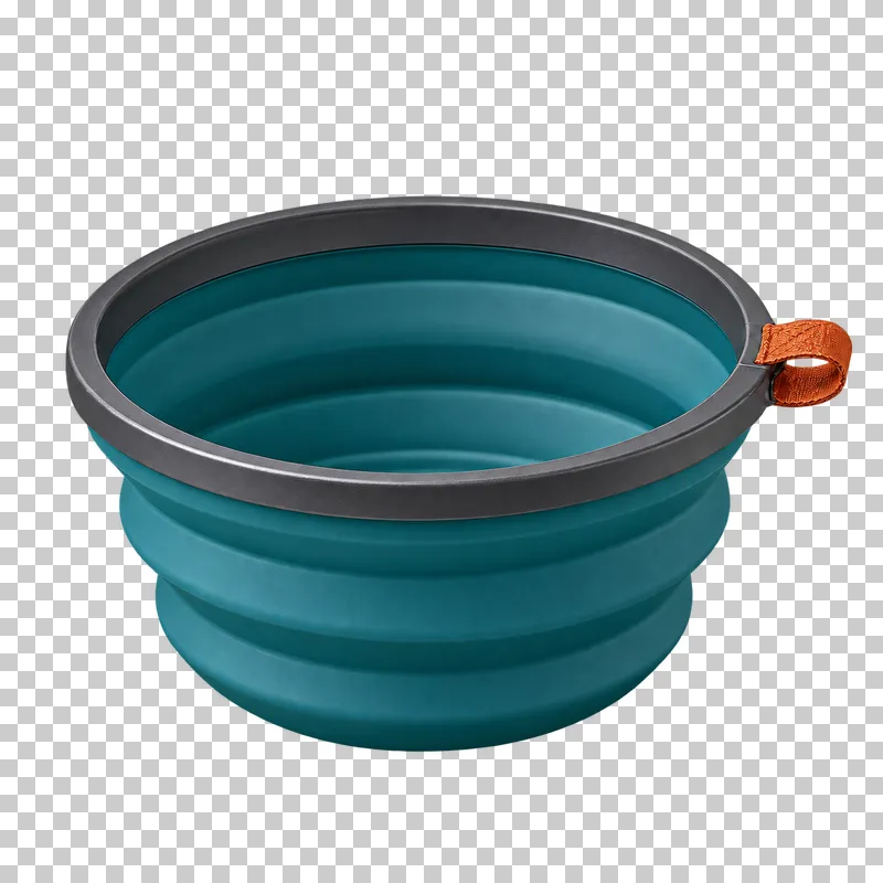 A deep teal collapsible silicone camping bowl with a graphite rim and rust hanging loop.