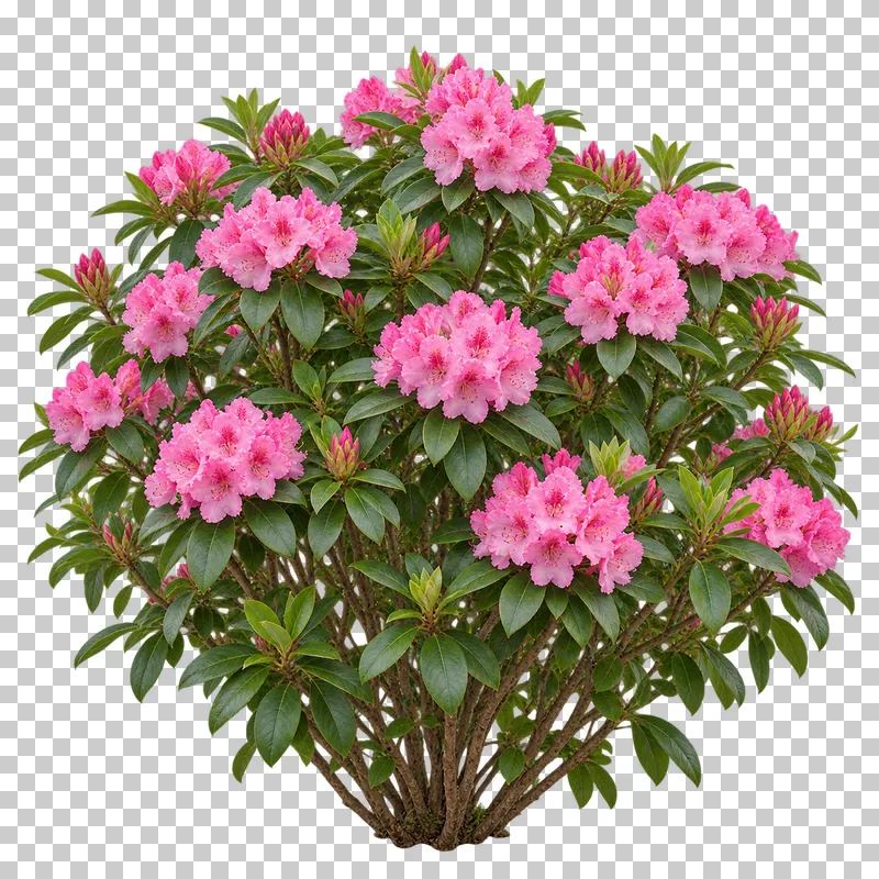 Photographic cutout of flowering rhododendron shrub.
