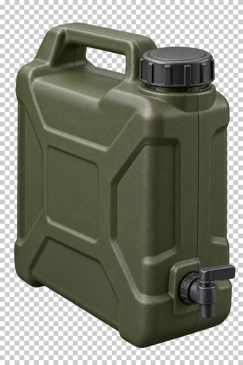 An olive camp water container with an integrated handle, graphite cap and tap.