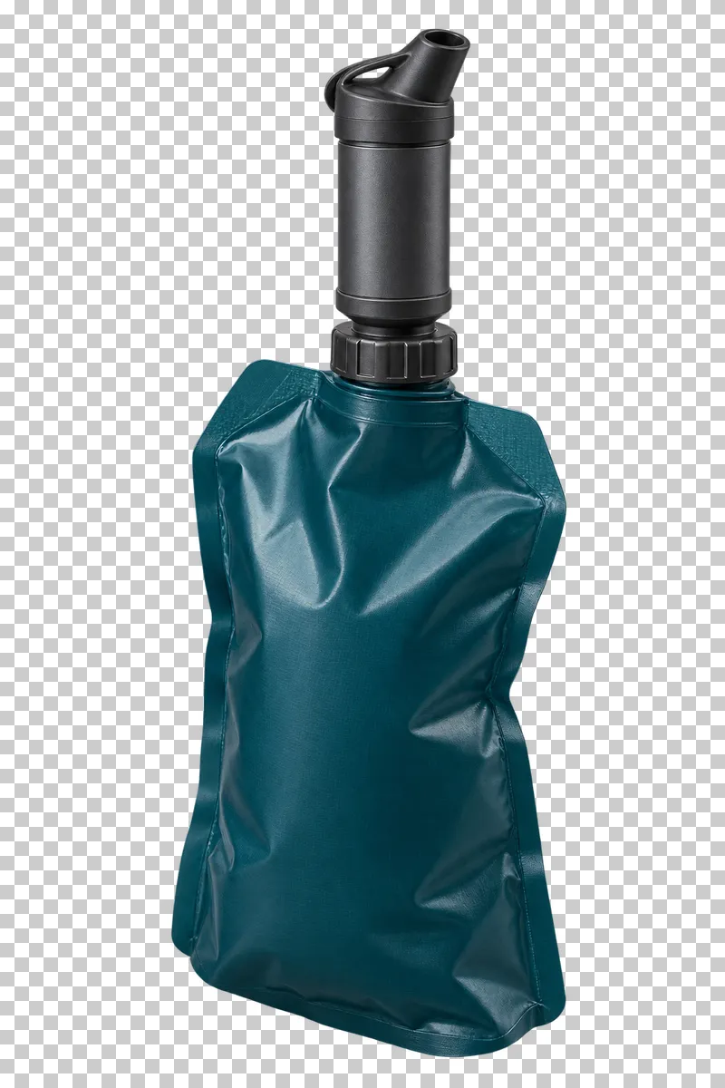 A compact dark squeeze water filter connected to a deep teal flexible pouch.