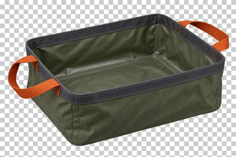 An open olive fabric wash basin with a dark rim and rust carry handles.