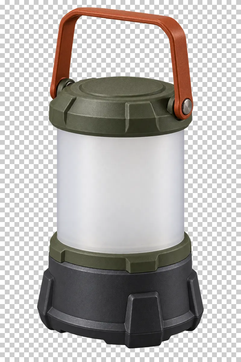 An olive and graphite camp lantern with a white diffuser and rust handle.