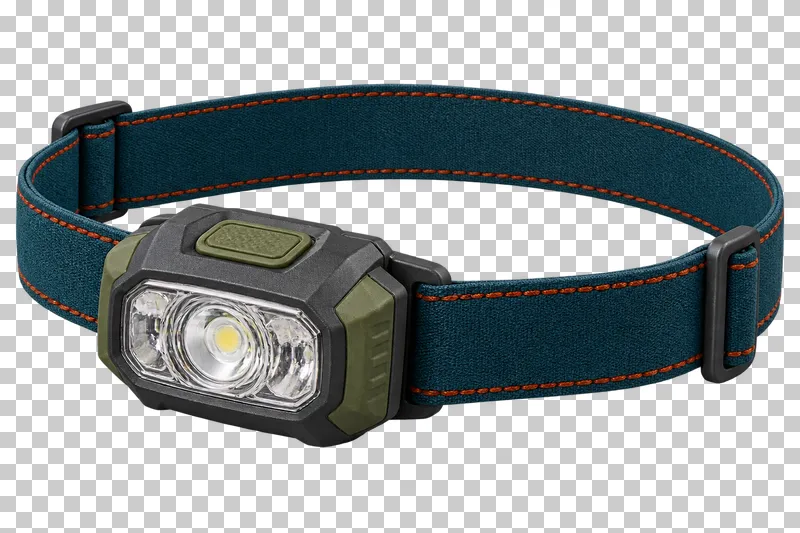 An unlit olive and graphite headlamp with a complete deep teal elastic strap.
