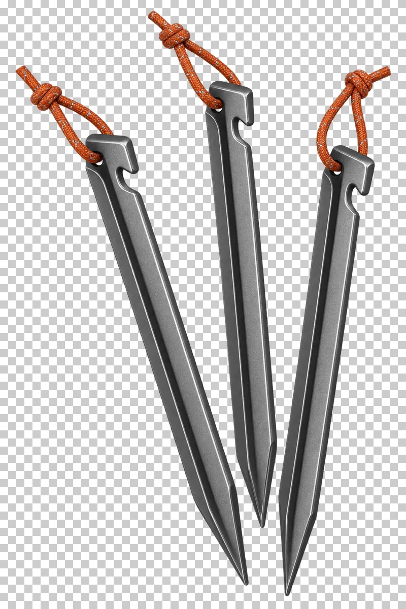 Three metal tent stakes arranged in a fan, each with a short rust pull loop.