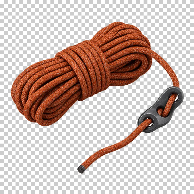A coiled rust guyline with a graphite three-hole tensioner and a complete loose end.