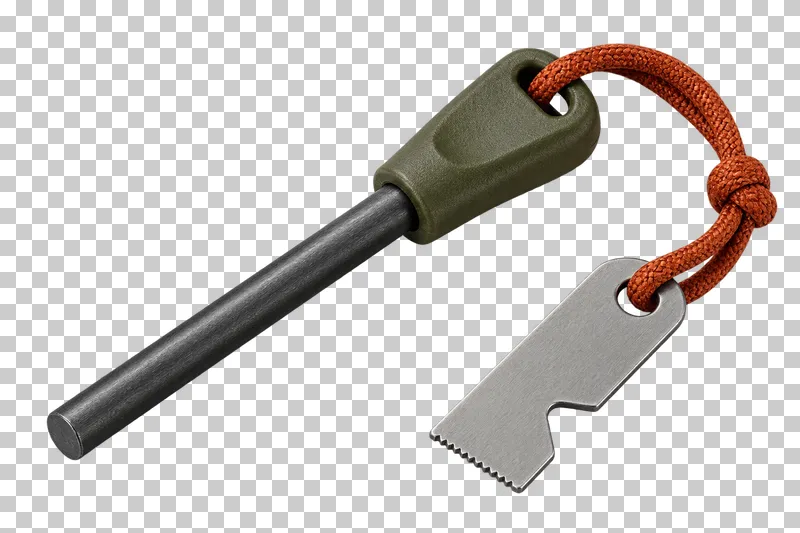 A ferro rod with an olive handle and a metal striker joined by a short rust cord.