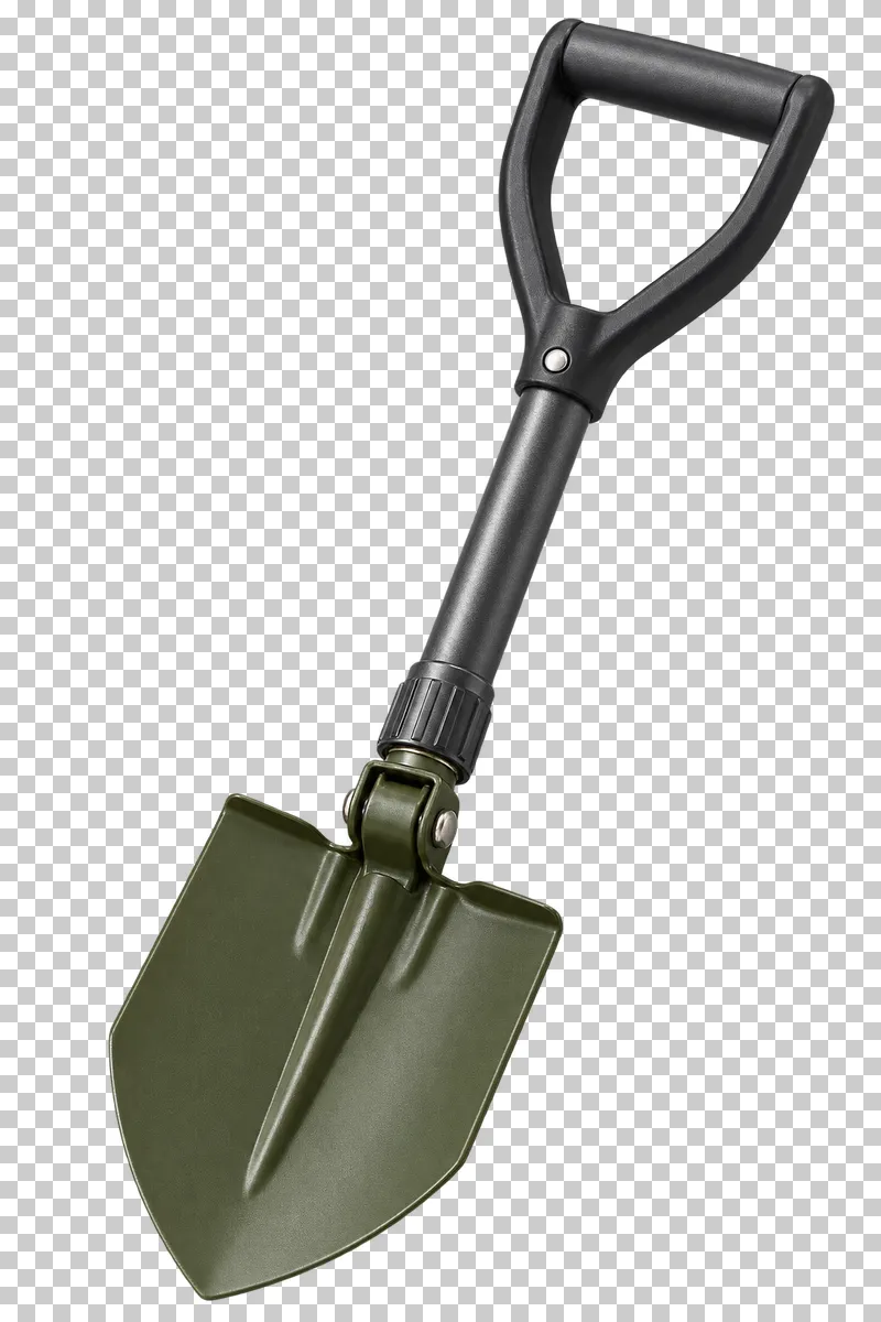 An open folding camp shovel with an olive blade, metal hinge and graphite D handle.