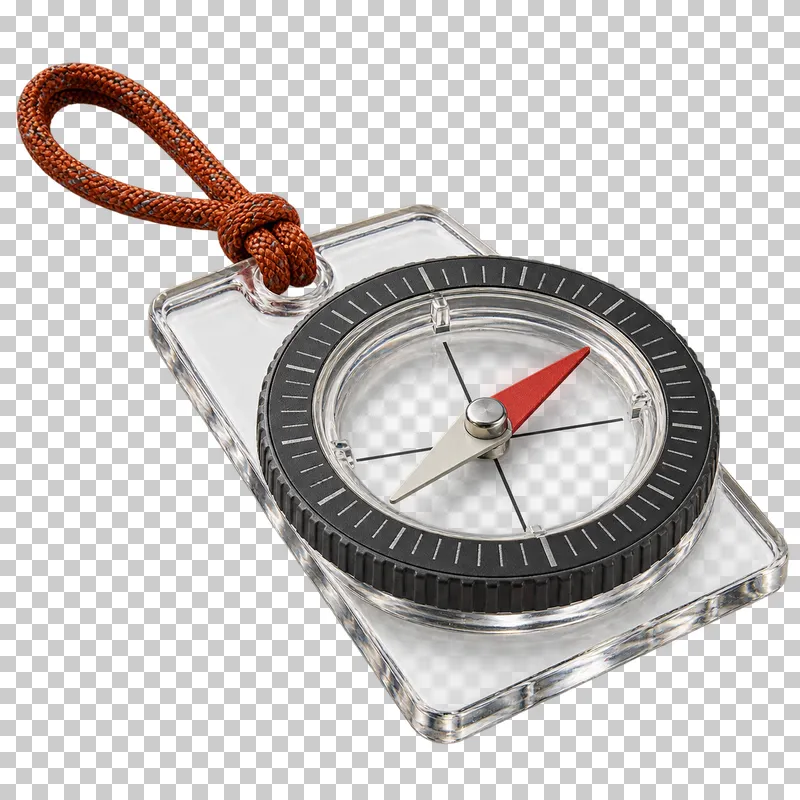 A clear-base compass with a dark rotating bezel, red and white needle and rust cord loop.