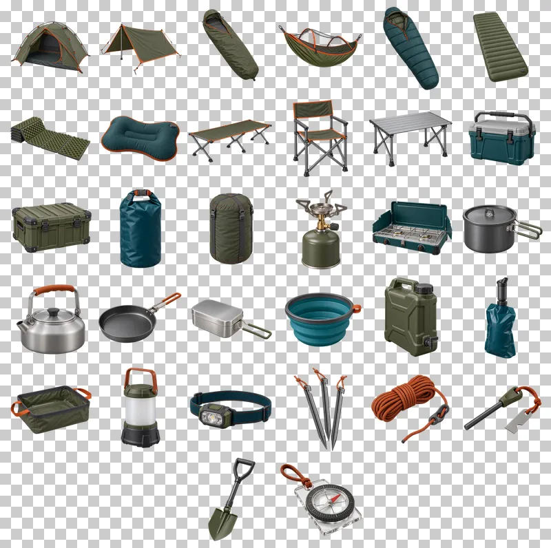 Camping Equipment Photo PNG Collection: all 32 elements in one grid
