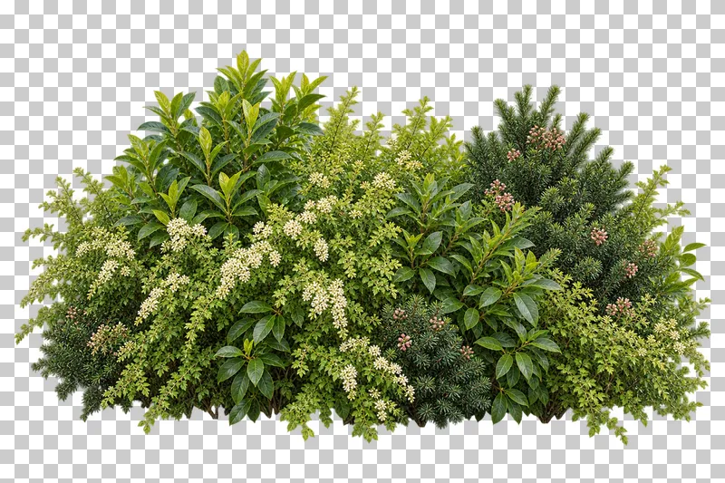 Photographic cutout of informal mixed shrub hedge.