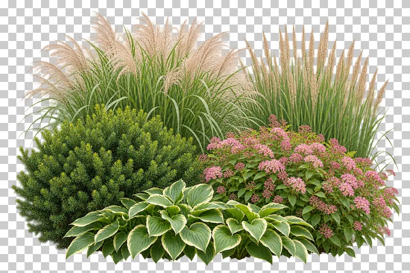 Photographic cutout of layered shrub and grass border.