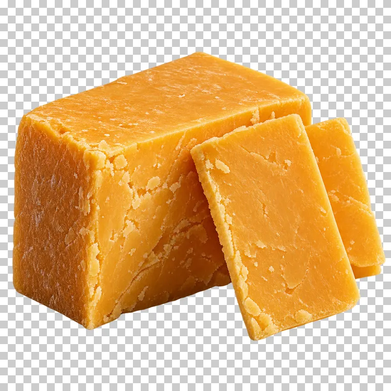 A firm orange cheddar block with two separate slices.