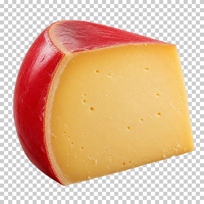 A yellow Gouda wedge with a red wax rind.