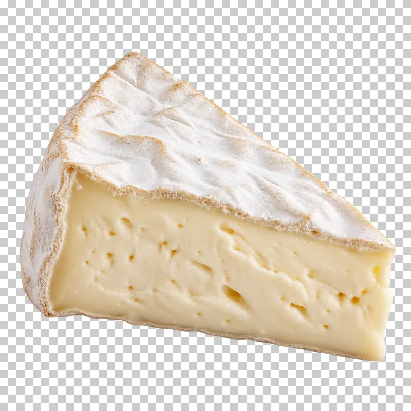A creamy Brie wedge with a white bloomy rind.