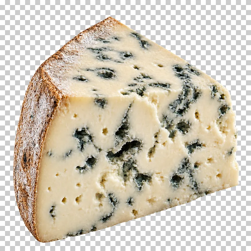A blue cheese wedge with irregular blue-green veins.