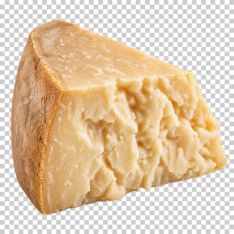 A Parmesan wedge with a granular broken face and hard rind.
