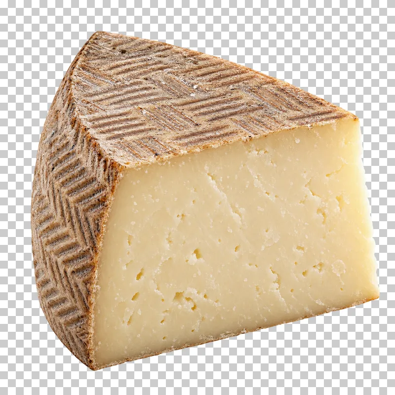 A pale Manchego wedge with a patterned brown rind.