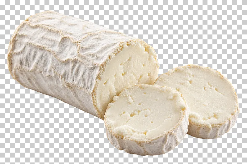 A white goat cheese log with two separate round slices.
