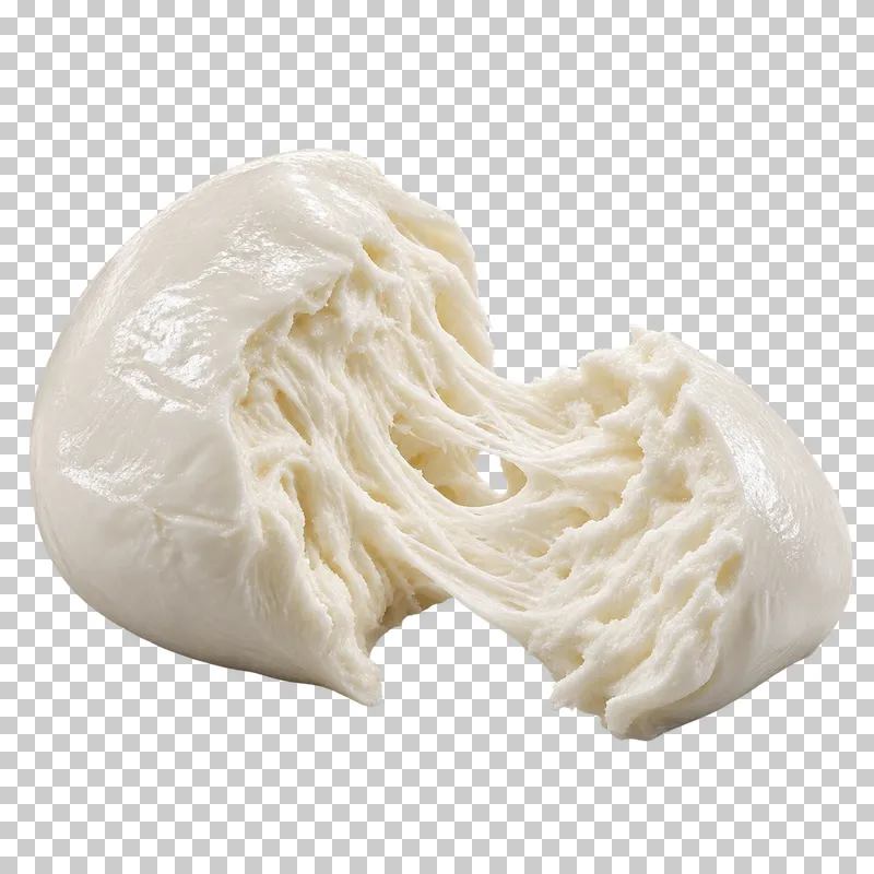 A torn fresh mozzarella ball with soft fibrous strands.