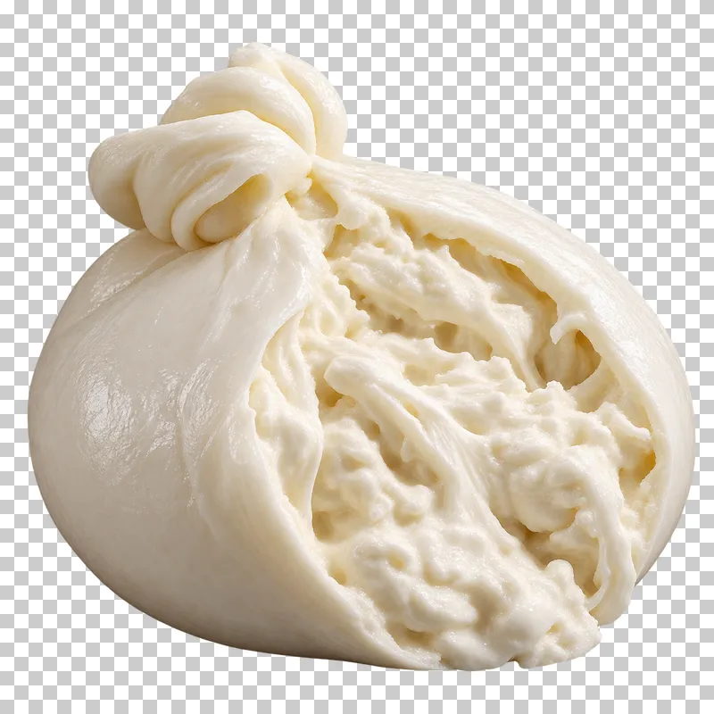An opened burrata pouch exposing its creamy filling.