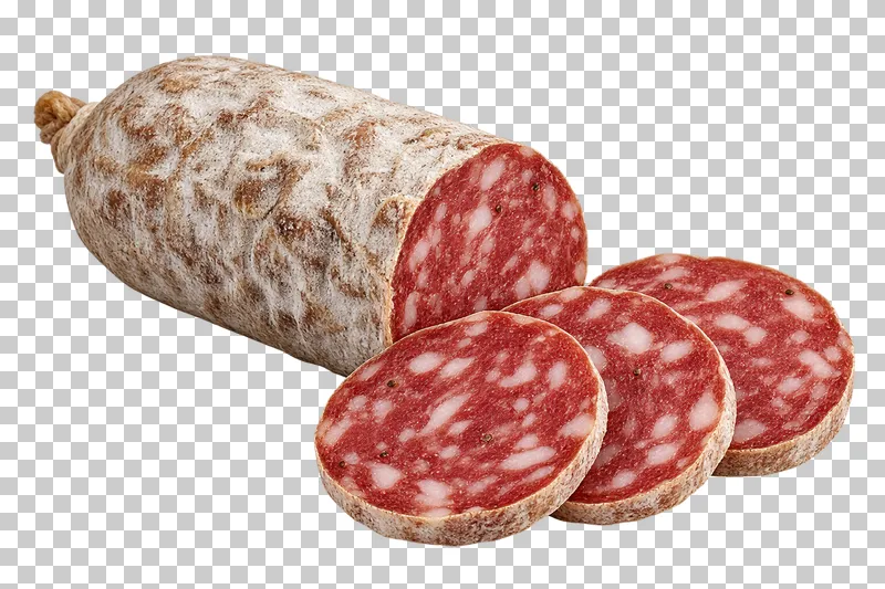 A cured salami log beside round marbled slices.